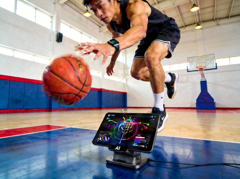 篮球运动员佩戴智能手环进行AI投篮轨迹分析训练的场景