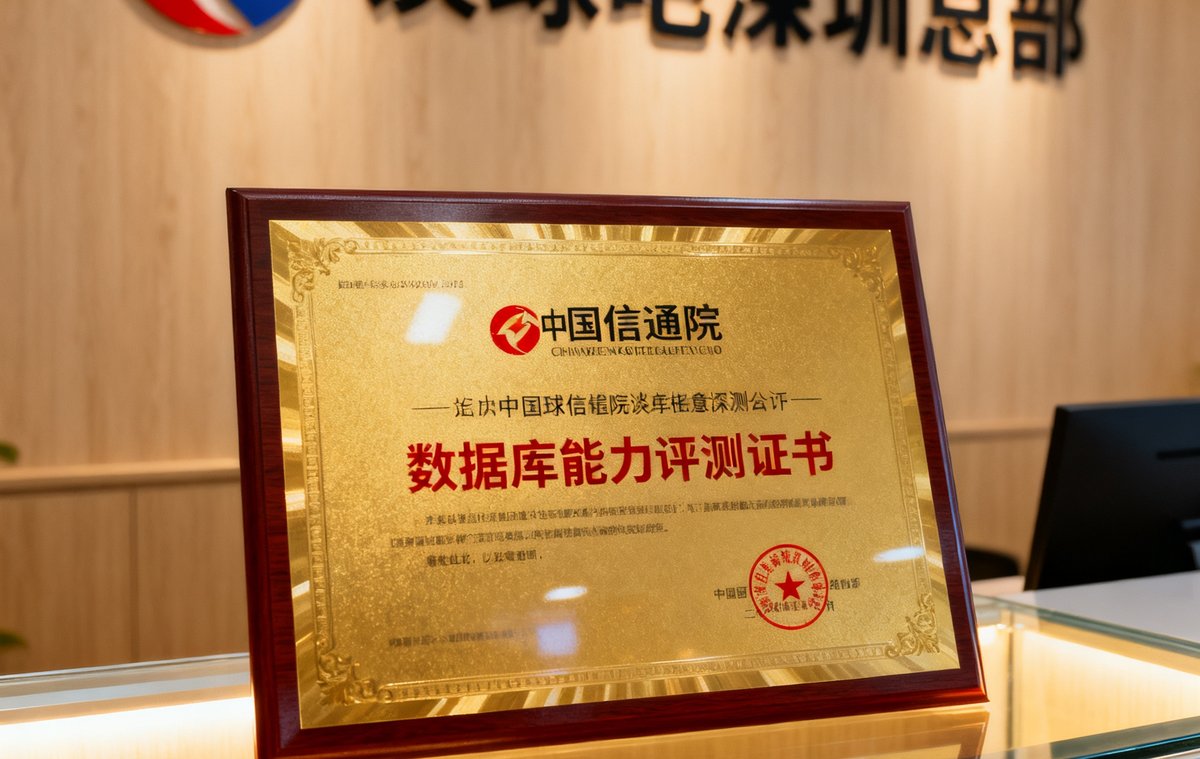 中国信通院颁发的数据库能力评测证书特写，金色边框和红色印章清晰可见，证书放置在谈球吧深圳总部的前台展示柜上